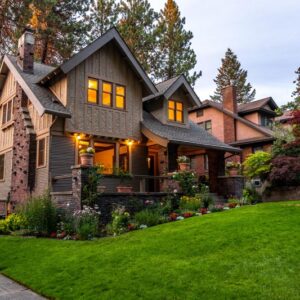 home during golden hour and lights turned on